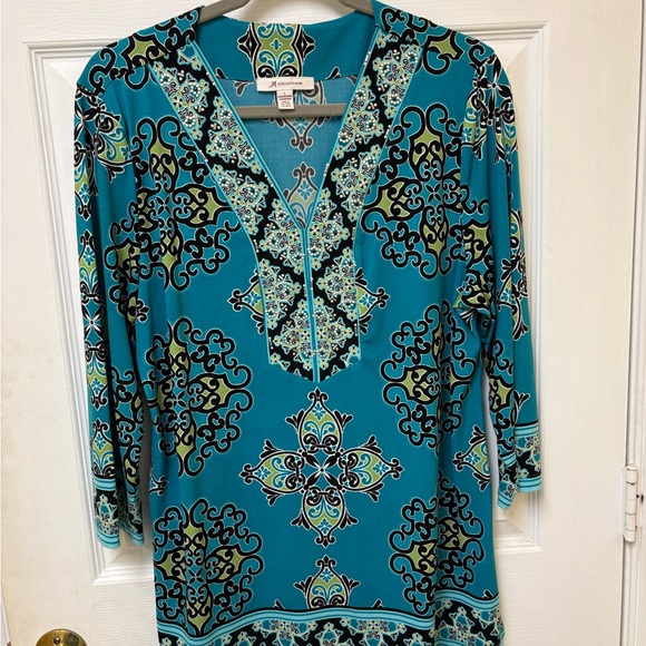 JM Collection Tops - JM Collection Teal and Black Patterned Blouse